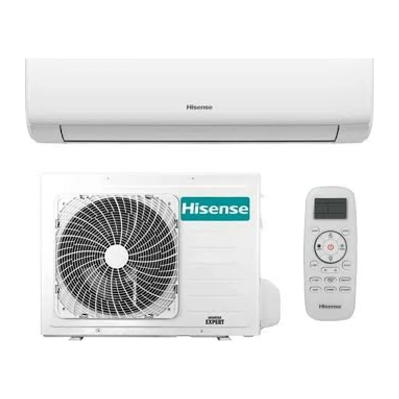 Climatisation réversible Hisense — unité murale intérieure, groupe extérieur et télécommande